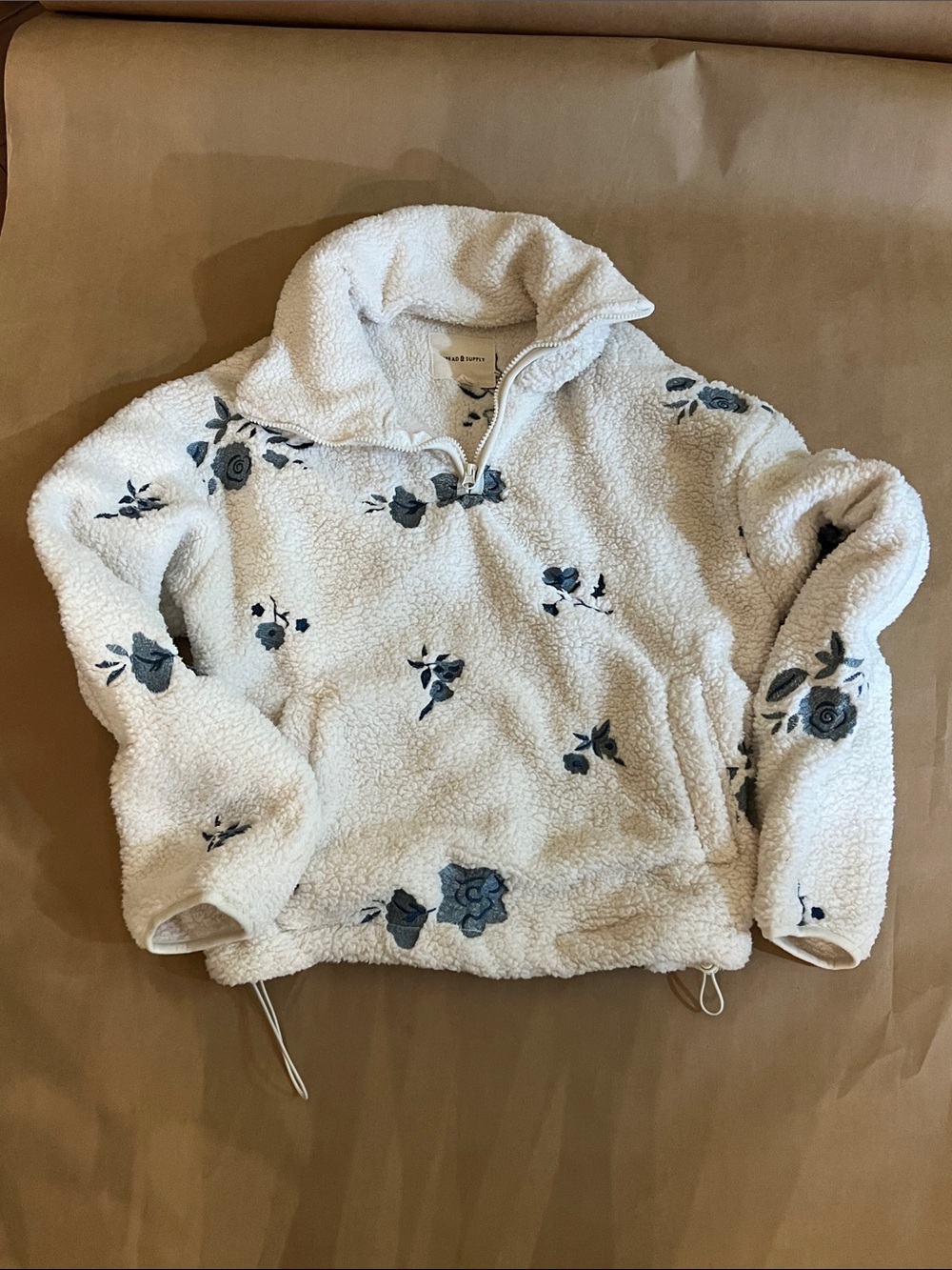 Thread & Supply White Sherpa Pullover with Blue Floral Accents